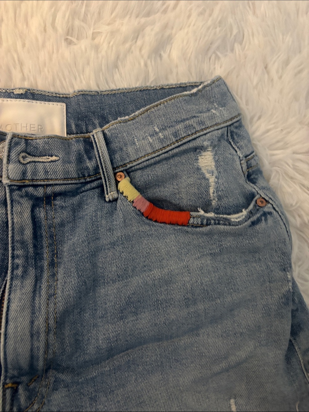 MOTHER Light Blue Denim Cutoff Shorts with Colorful Pocket Embroidery - Picture 5 of 13